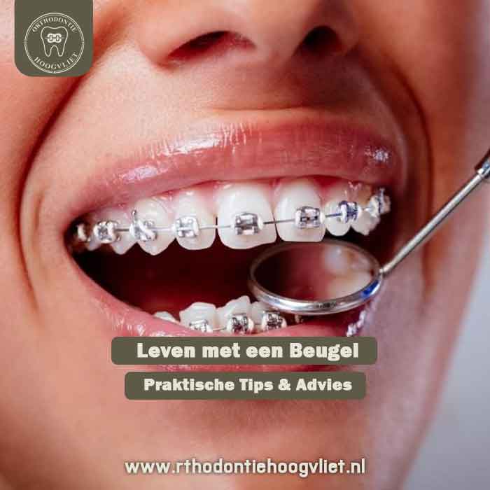 Close-up van een gebit met metalen slotjes (brackets) voor het artikel leven met een beugel