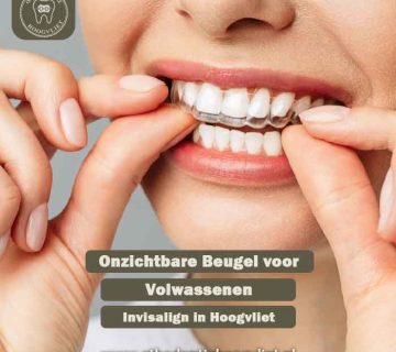 Vrouw die een onzichtbare beugel (Invisalign) draagt bij Orthodontie Hoogvliet voor volwassenen