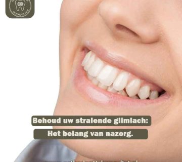Rechte tanden na een beugelbehandeling in Hoogvliet met de tekst: Behoud uw stralende glimlach: Het belang van nazorg.
