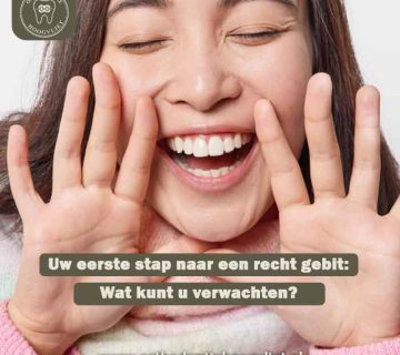 Een vrolijke vrouw die lacht met de tekst: Uw eerste stap naar een recht gebit: Wat kunt u verwachten? bij Orthodontie Hoogvliet.