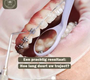 Een orthodontische controle met een mondspiegel om de duur van een beugelbehandeling in Hoogvliet te bepalen.
